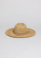 Back of raffia straw continental sunhat with tan wrap detail