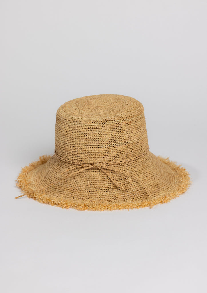 Packable Raffia Bucket Hat with fringe trim and tie detail at band