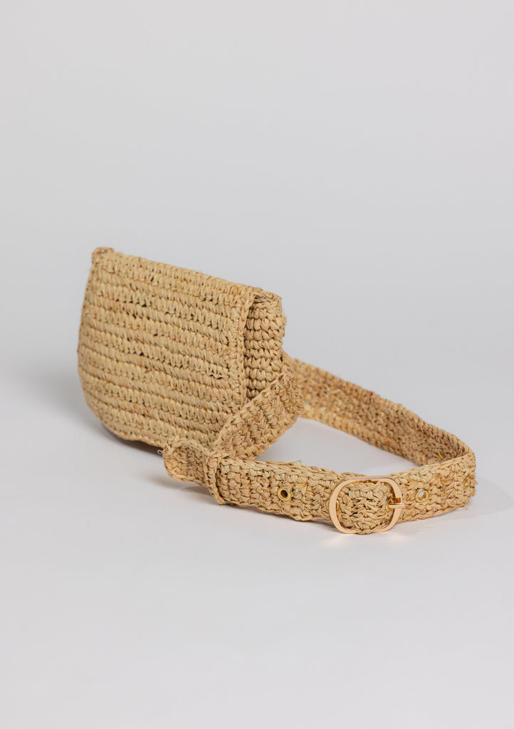 Raffia Straw belt bag with gold buckle hardware