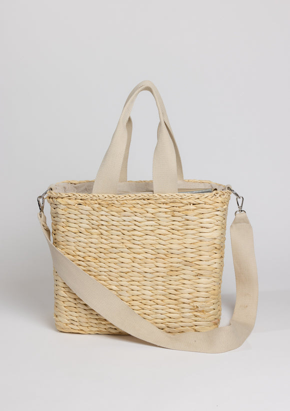 Straw cooler tote with shoulder strap