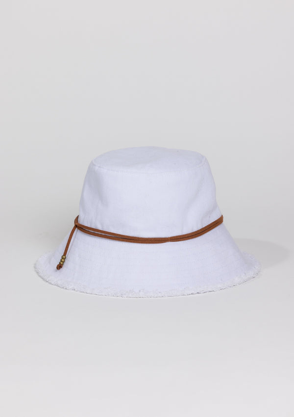White Denim fringed bucket hat
