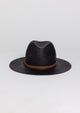 Black brimmed Panama hat with brown leather trim